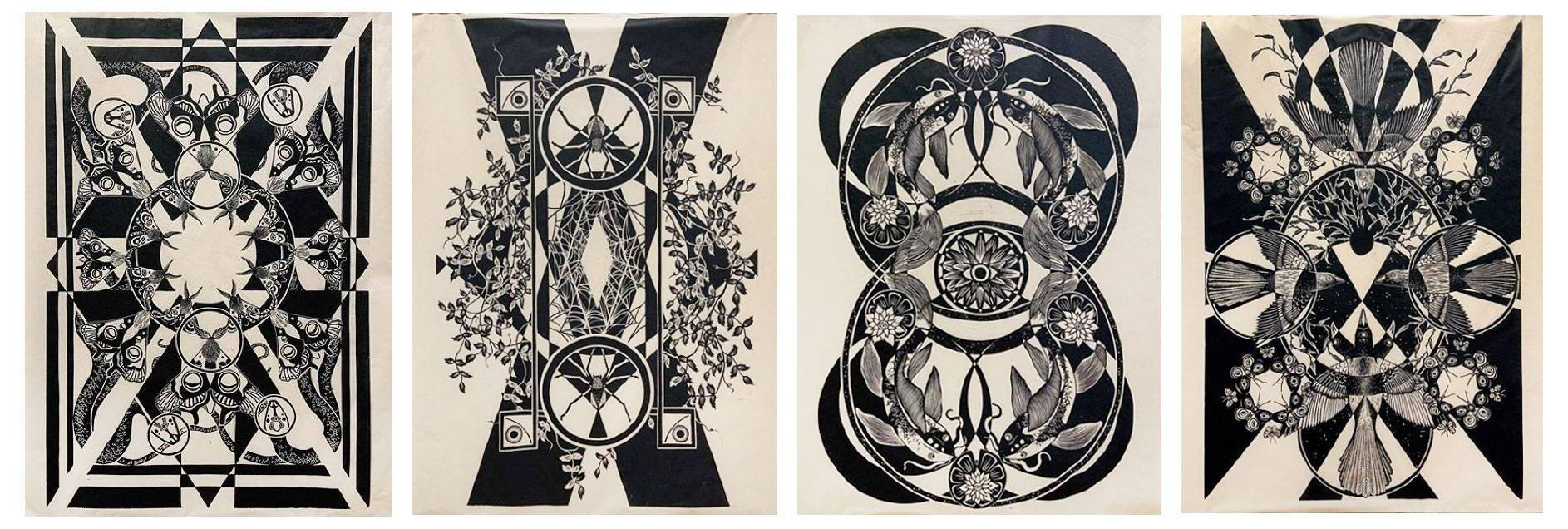 Black and white linocut images with birds, butterflies, and other fauna in various patterns.